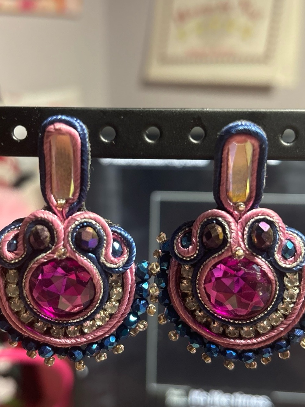 Source Unknown Pink and Blue Beaded Drop Earrings